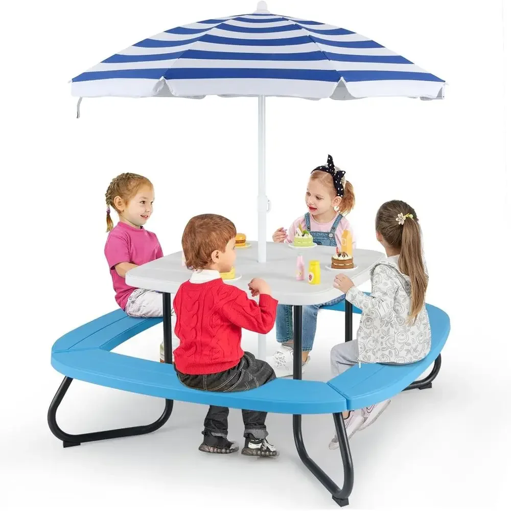 Kids Outdoor Activity Table - 8-Person Kids Picnic Table with Umbrella,