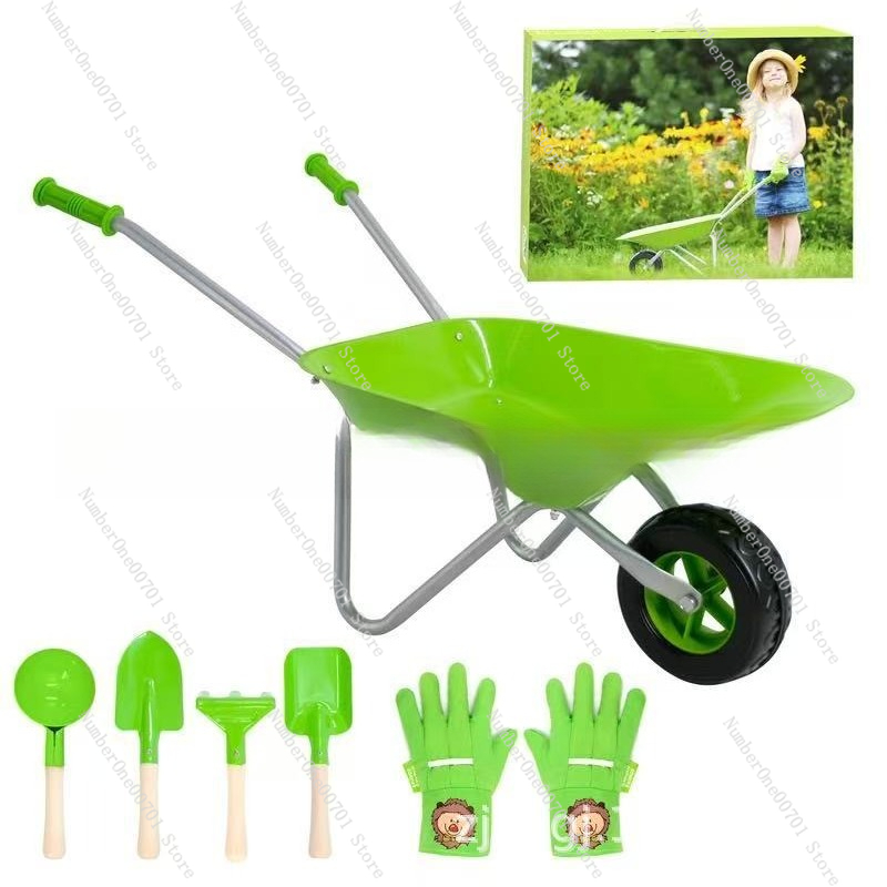 Kids Outdoor Garden Set - Kids Outdoor Wheelbarrow, Green Garden Play